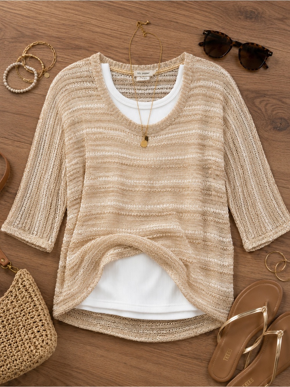 Blu Pepper Cream and Gold Metallic Open Knit Sweater Layering High Low Hem Sz M